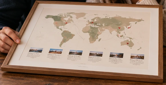 Close-up of the framed map in the existing gift illustration